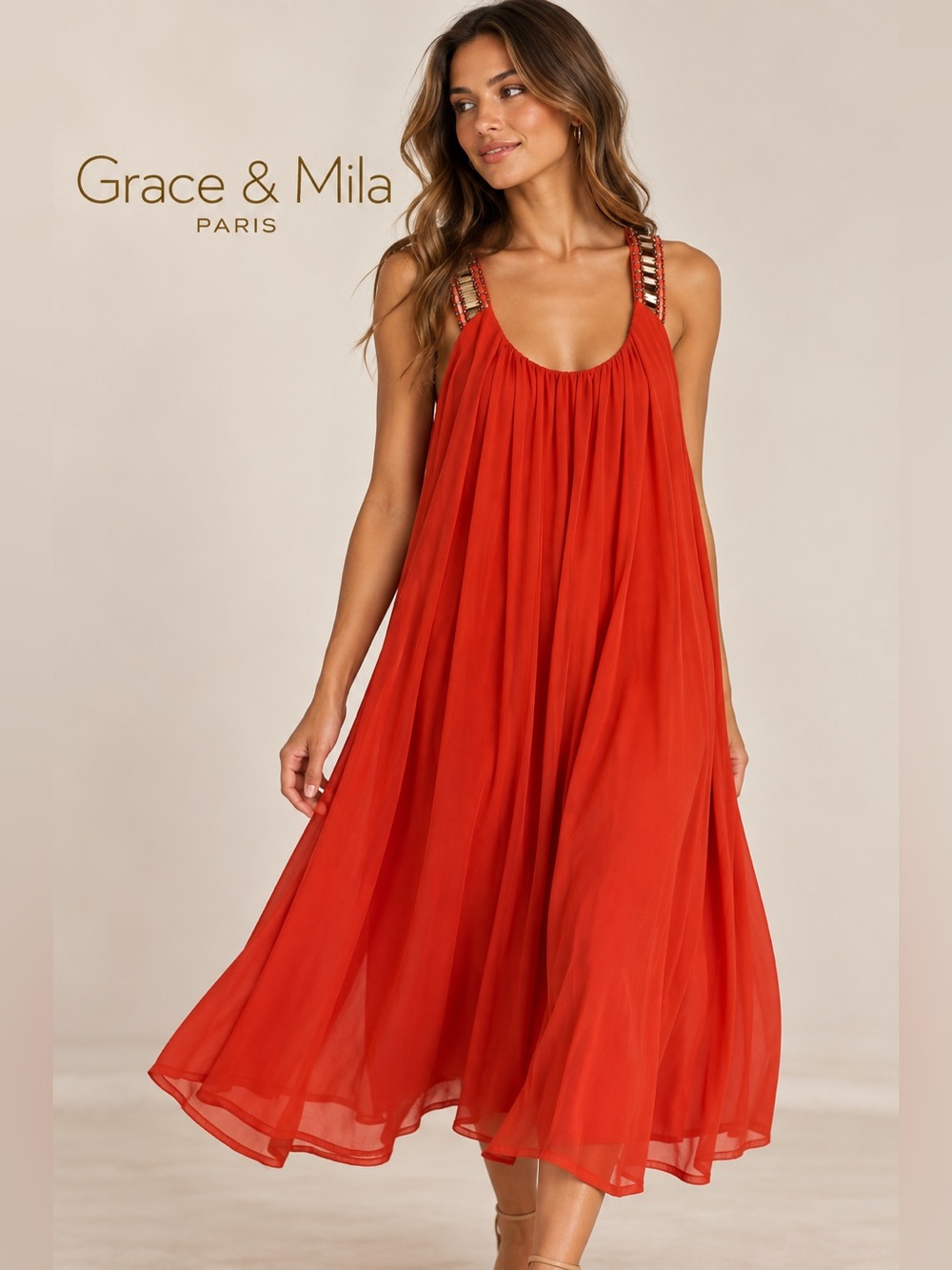 Grace & Mila Beaded Strap Flowy Dress Red Size L